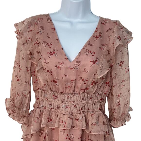 CY Fashion Blush Pink Floral Ruffle Boho Dress Chiffon Back Cutout Flowy Boho M - Picture 2 of 9